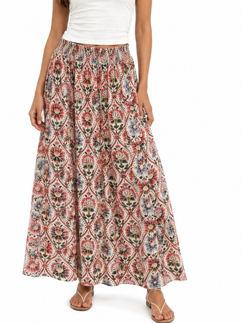 FARM Rio Floral Tile Maxi Skirt in Coral, Blue & Green Size GG
